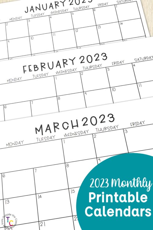 2023 January, February and March calendars with "2023 monthly printable calendars" text