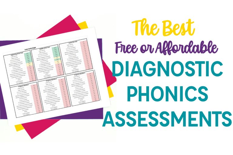 "The Best Free or Affordable Diagnostic Phonics Assessments" text on the right with printed individual student page that's color coded by score on the left. The student data is laying on colored pages.