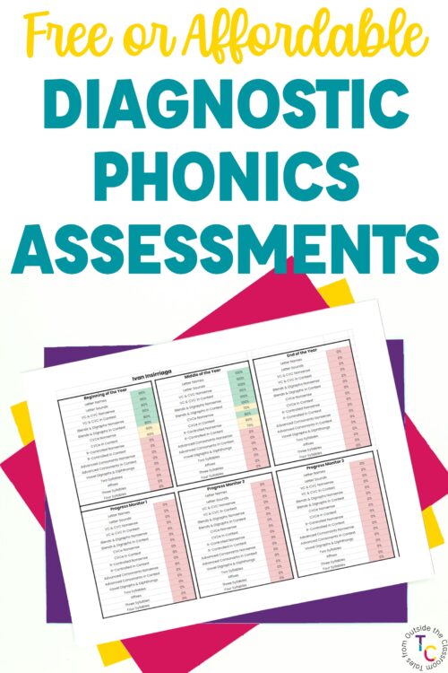 "Free or Affordable Diagnostic Phonics Assessment" text above printed individual student level phonics data page.