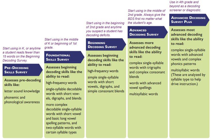 Really Great Reading's Decoding Assessments chart that identifies the range of diagnostic assessments and the skills contained within each.