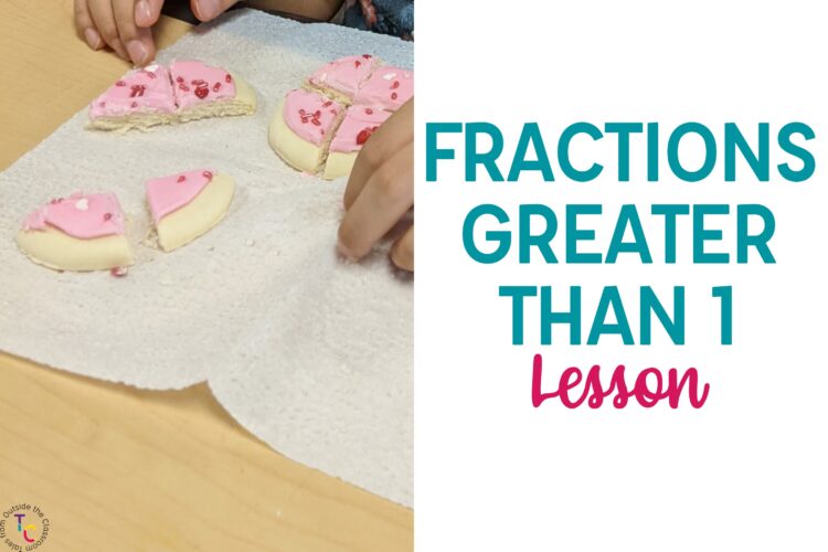 Fractions Greater than 1 Lesson with picture of two cookies partitioned into parts