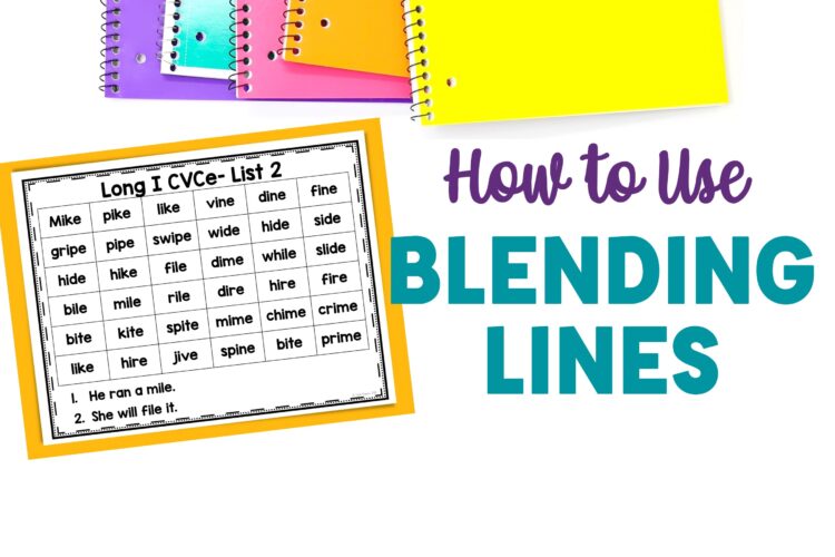 "How to use blending lines" next to a long i magic e blending line page. The page is resting on an orange colored page below colored spiral notebooks.