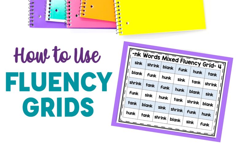 How to use fluency grids" text to the left of a nk fluency grid laying on purple paper. Above this are brightly colored notebooks.