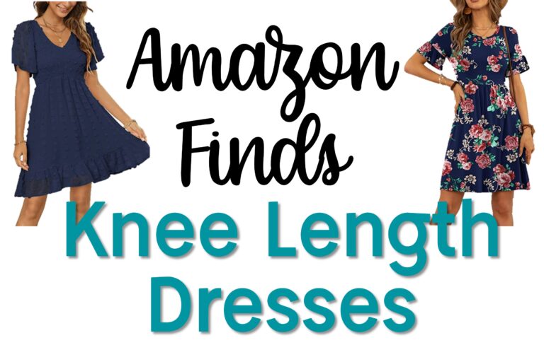 Amazon Finds: Knee Length Dresses with two navy dresses on either side of text