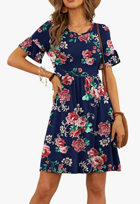 Floral navy blue knee length dress with ruffle sleeves