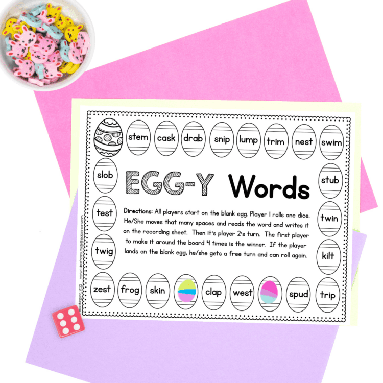 Easter themed printable game laying on pastel paper with mini erasers