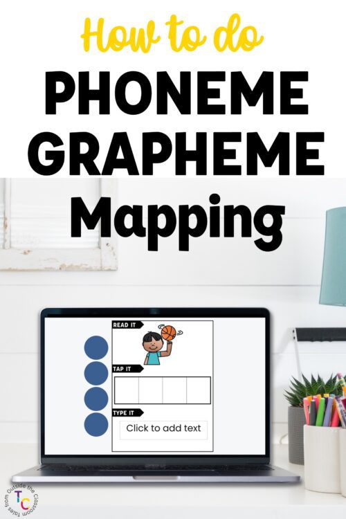 Phoneme Grapheme Mapping text above a computer screen with a digital phoneme-grapheme activity with words with a blend shown (ccvc)