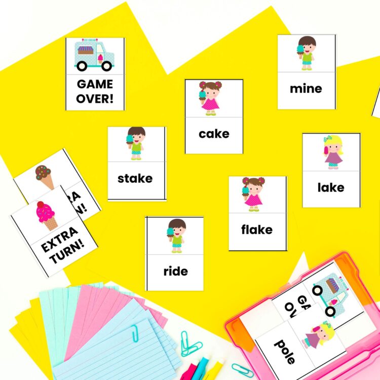 CVCe word cards in ice cream game template laying out on yellow paper