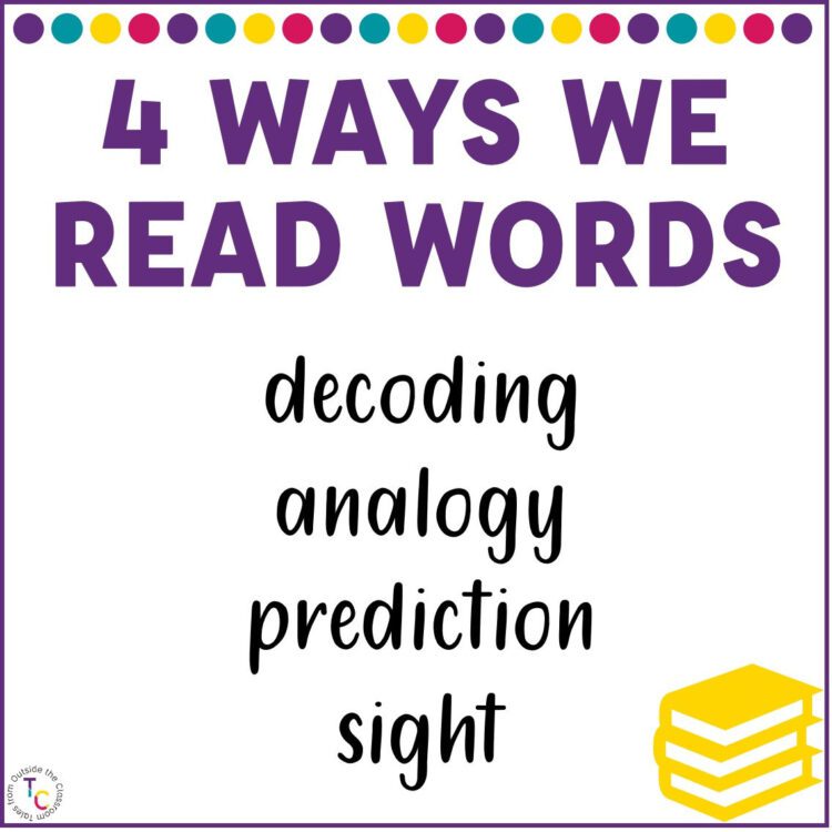 $ ways we read words text above decoding, analogy, prediction, and sight. On the bottom right corner is a yellow stack of books.
