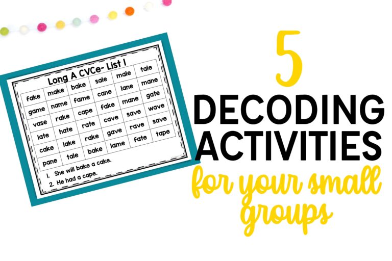 long a cvce blending lines page next to text "5 decoding activities for your small groups"