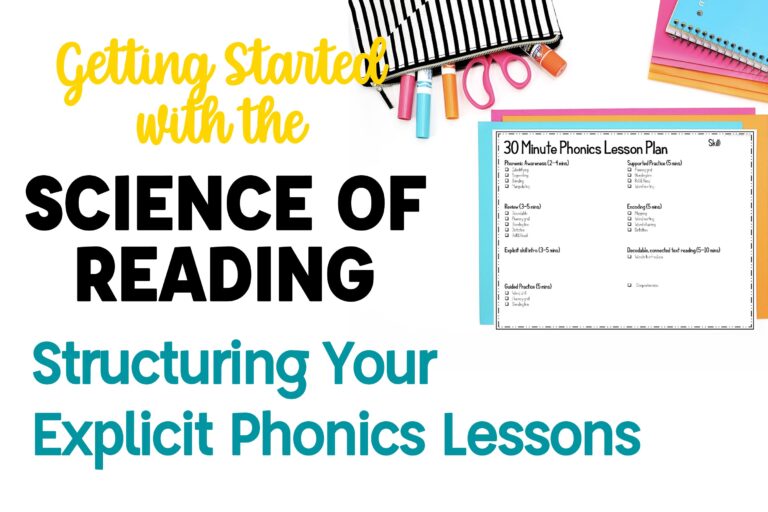 Getting Started with the Science of Reading: Structuring Your Explicit Phonics Lessons with printable phonics lesson plan template laid on colored paper